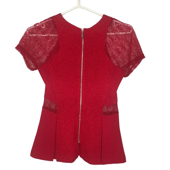 Dynamite Red Lace Sleeve Peplum Top - Picture 1 of 9